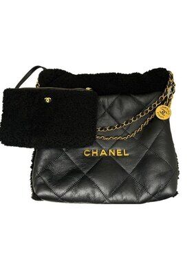 Chanel 22 Small Handbag Chain Bag Shearling Aged Lambskin Black Gold Hardware